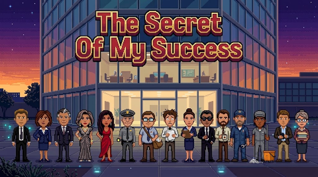 The Secret of My Success: Die Figuren des Pixel-Adventures vor einer beleuchteten Konzernzentrale bei Sonnenuntergang.